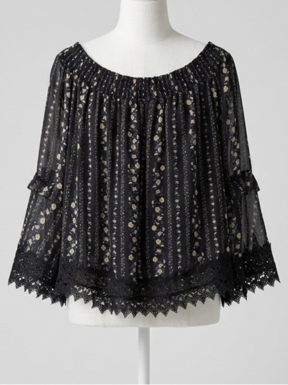 Moon River Black Dainty Floral Off the Shoulder Chiffon Lace Trim Top Size Large
